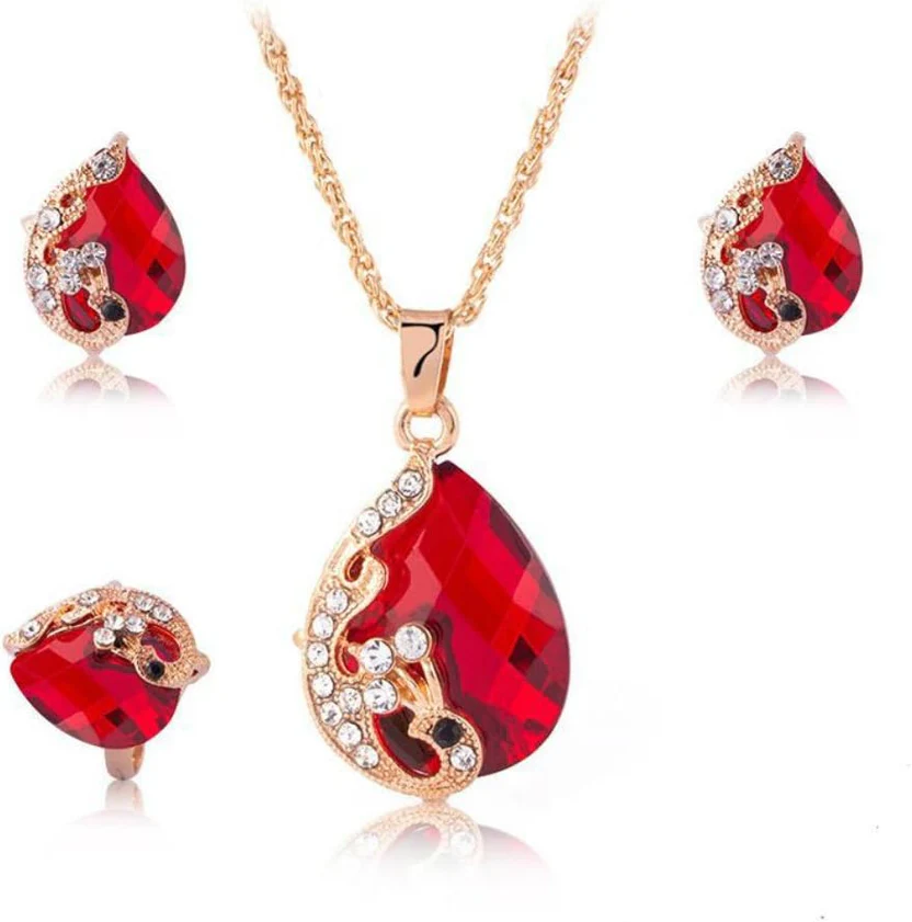 Teardrop Crystal Jewelry Set Red