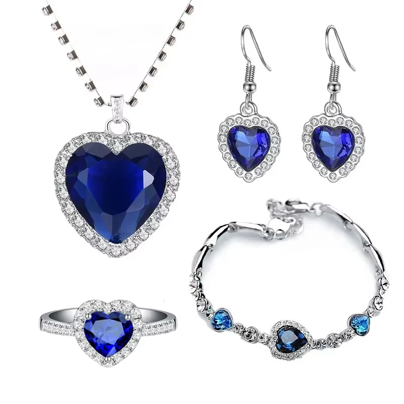 Set of Peach Heart Blue Crystal Jewelry Set Women